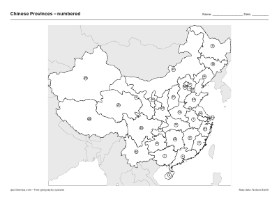 Chinese Provinces – Numbered map preview