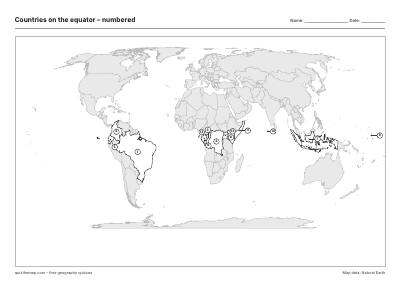 Countries on the equator – Numbered map preview