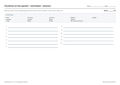 Countries on the equator – Worksheet map preview