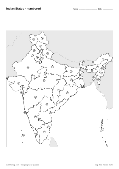 Indian States – Numbered map preview