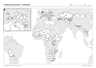 Landlocked countries – Numbered map preview