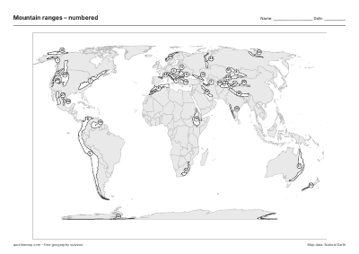 Mountain ranges – Numbered map preview