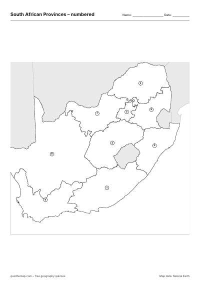 South African Provinces – Numbered map preview