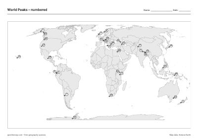 World Peaks – Numbered map preview
